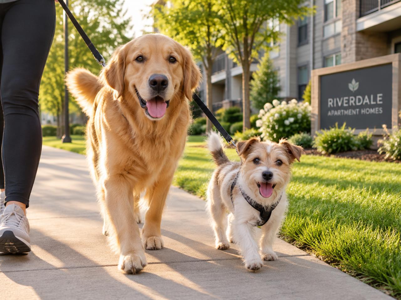 Two happy dogs on a walk through the apartment community